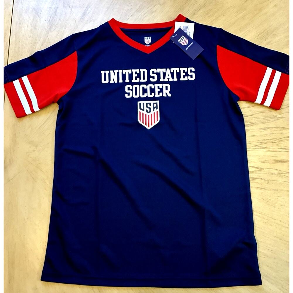 NEW USA Soccer Jersey Boys T-Shirt S FIFA World Cup 2026 Blue Red Stripes Sporty